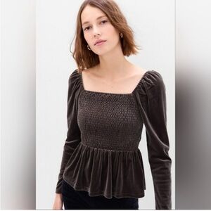 Gap long sleeve smocked shirred peplum brown noir grey velvet size small blouse